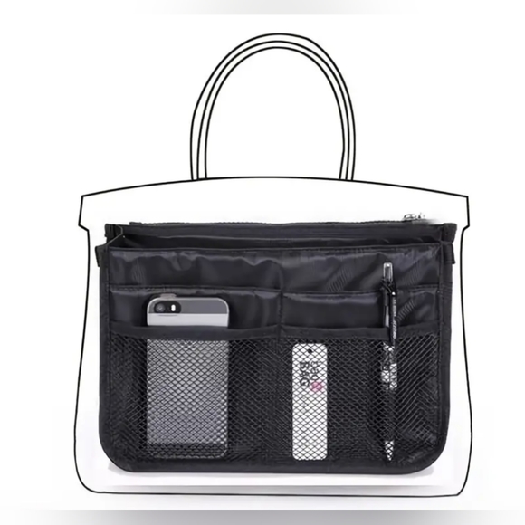 NWT bag organizer/insert grey/yellow top zip pockets & handles both sides, mesh - Picture 2 of 2